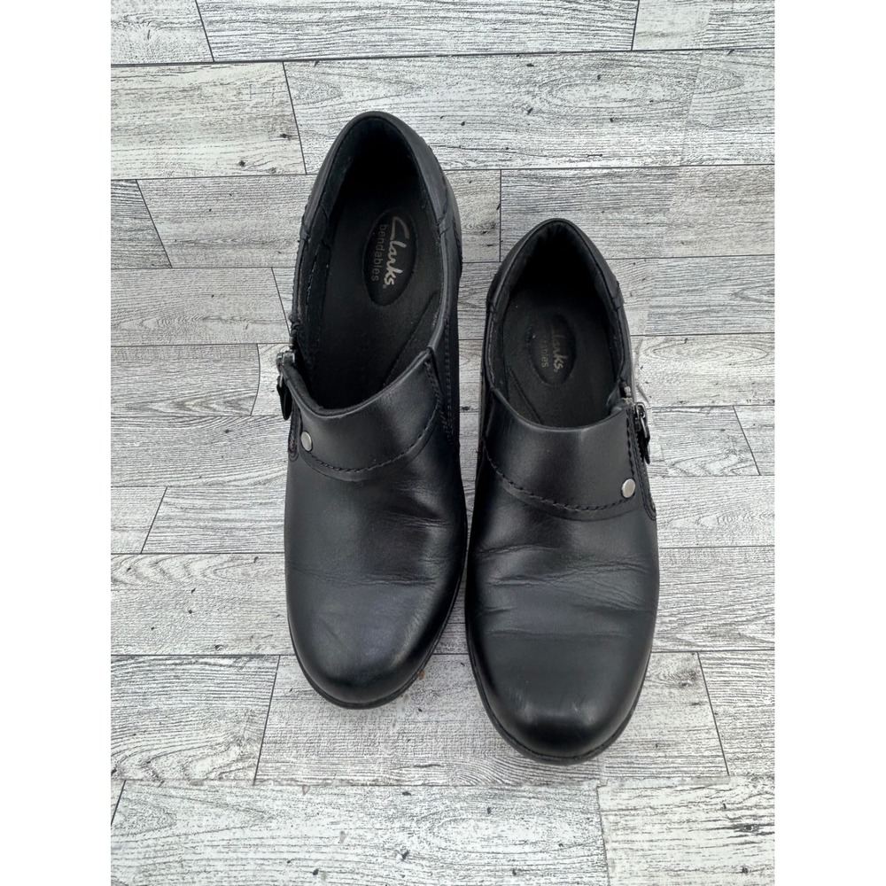 Clarks Bendables Black Leather Ankle Booties‎ Block Heel Shooties Women Sz 9M